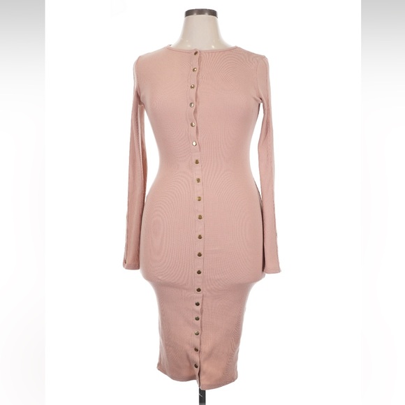 Fashion Nova Mauve Ribbed Button Midi Vintage Jams Dress Long Sleeve Bodycon - Picture 2 of 7